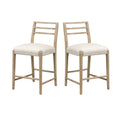 Counter Stool Set of 2 with ladder back design and cushioned seats in light wood finish. Ideal for farmhouse-style dining or kitchen counters.