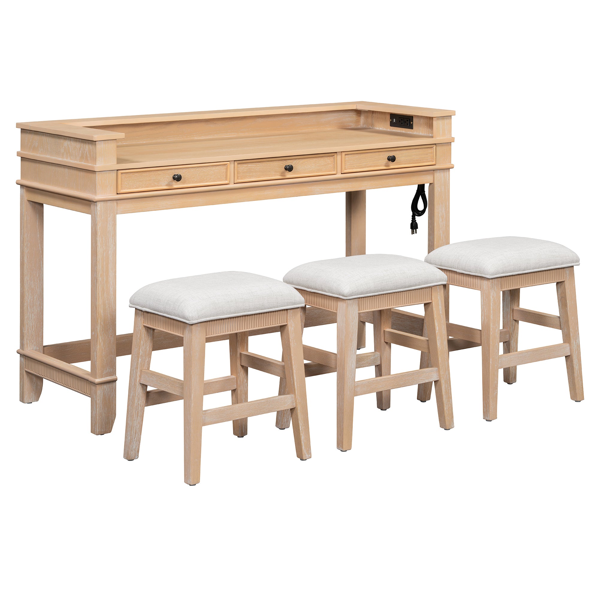 TREXM 4-Piece Dining Table Set for 3, Retro Kitchen Table and Chairs Set with 3 Storage Drawers, Ideal for Small Spaces (Natural)