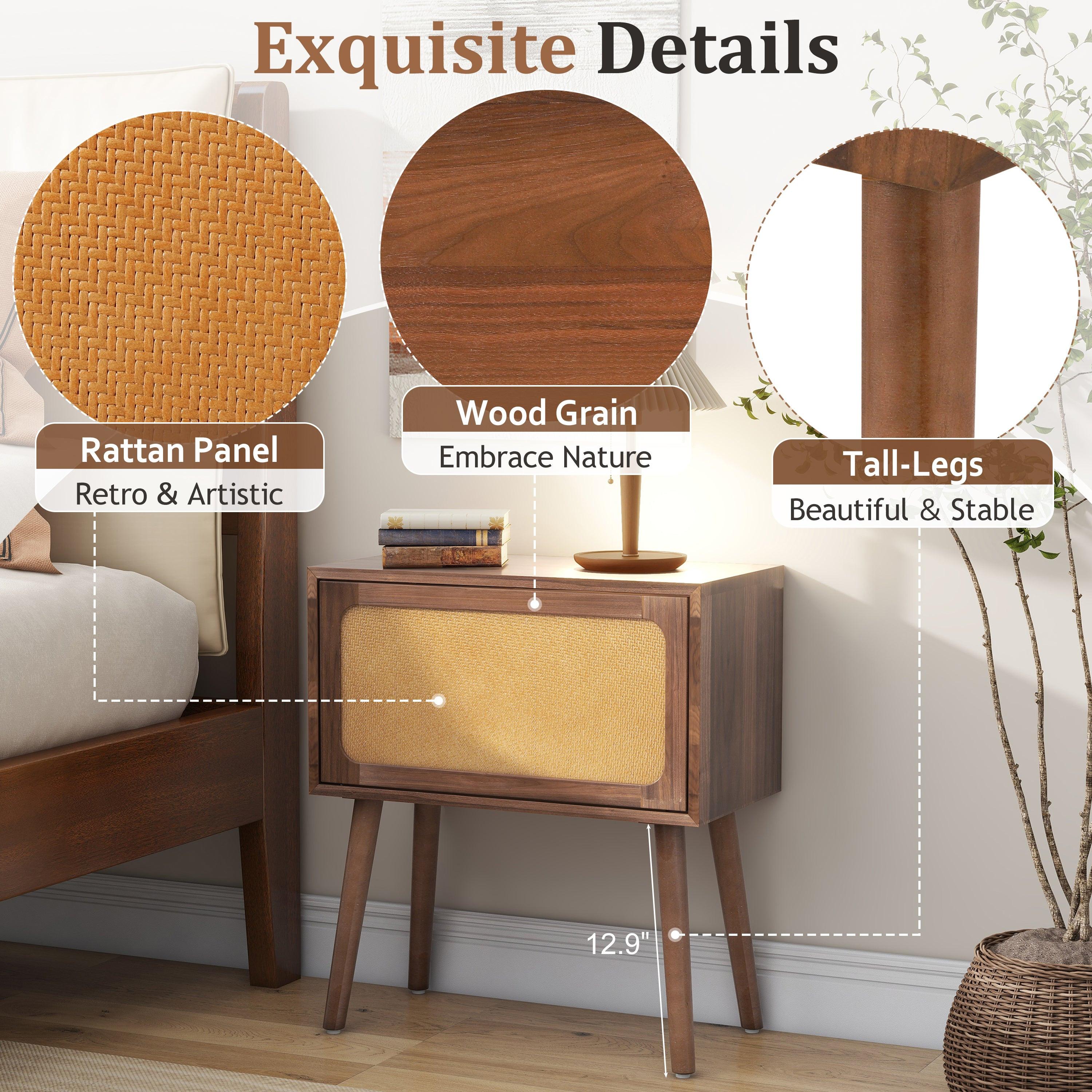 Rotating Hidden Compartment Nightstands - Walnut Rattan Table.