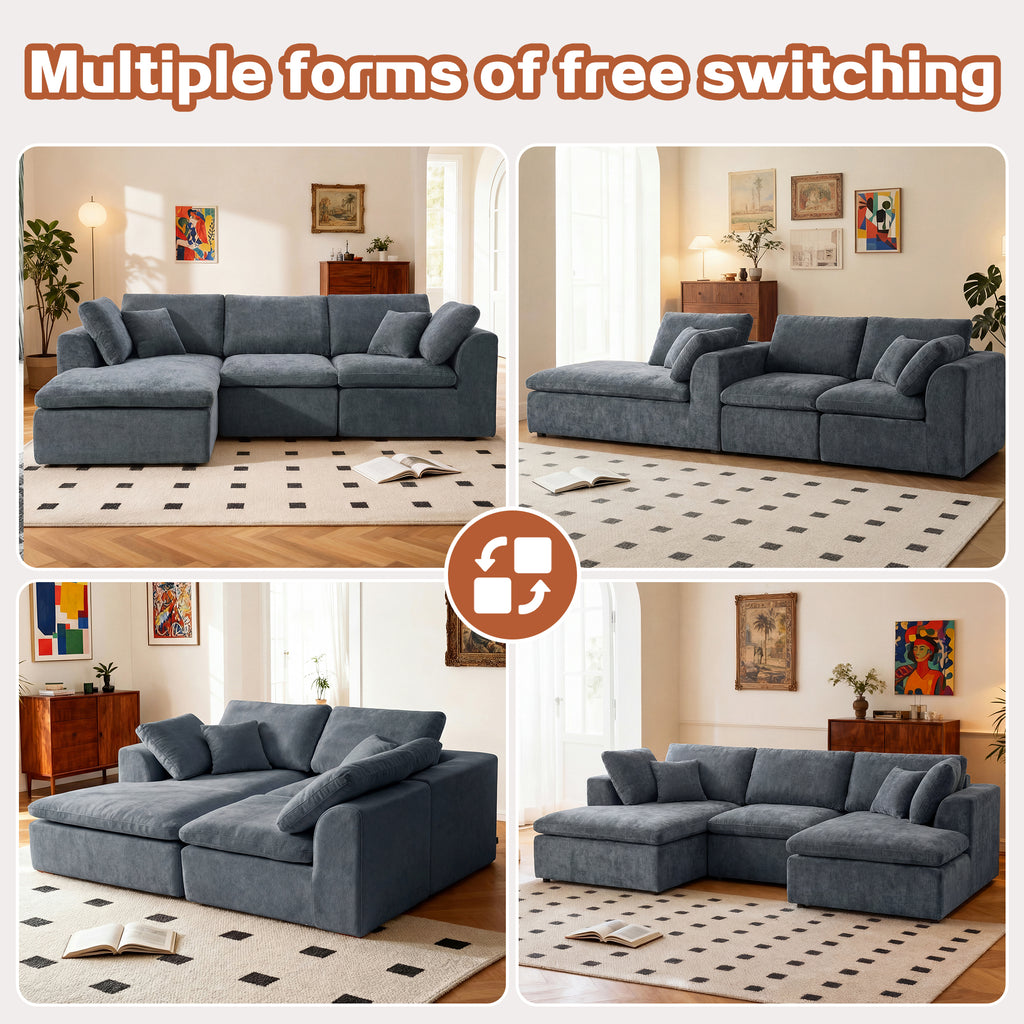 Modular L-shaped sectional sofa with chaise shown in four different configurations for versatile living room setups.