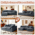 Modular L-shaped sectional sofa with chaise shown in four different configurations for versatile living room setups.