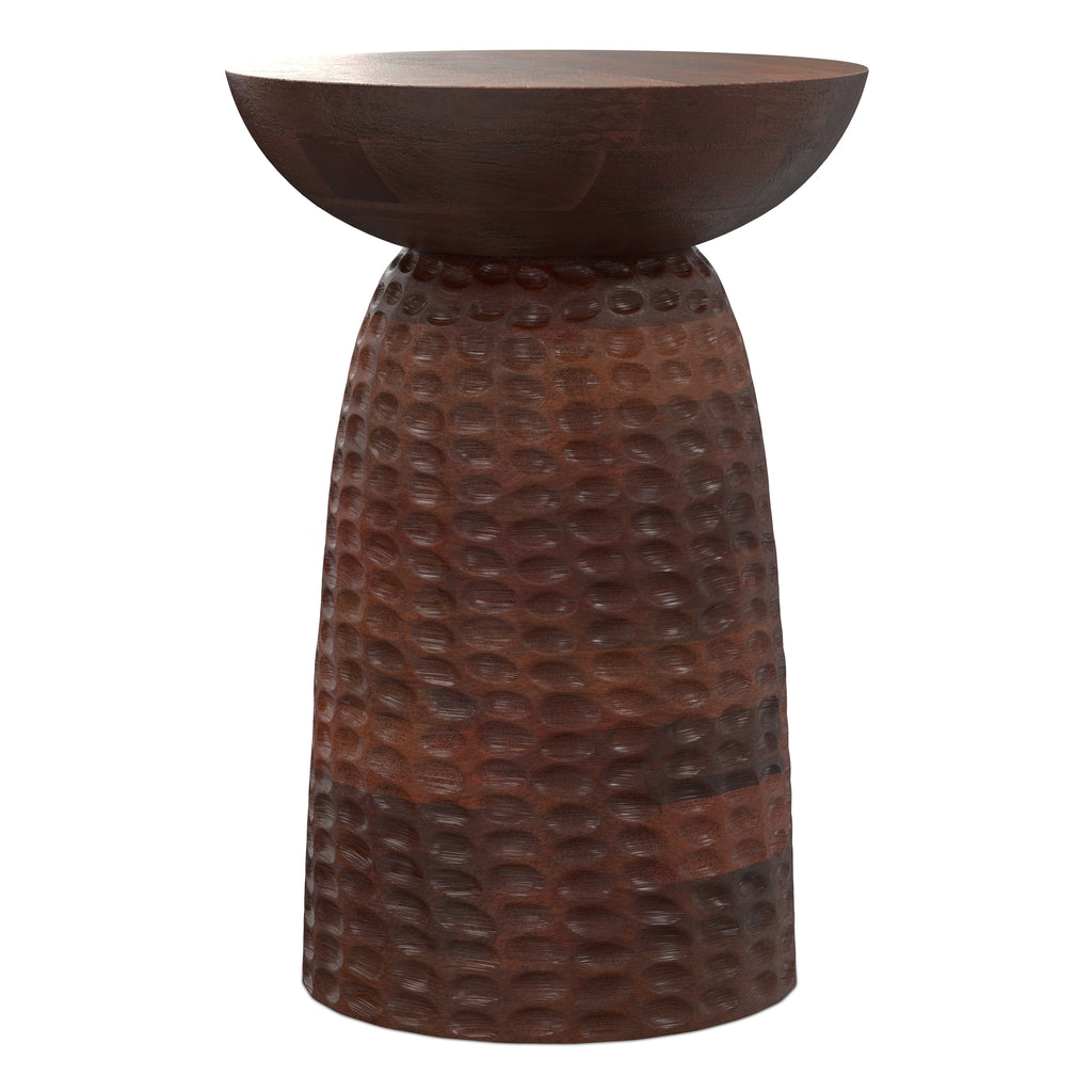 Side perspective of Boyd 16 inch Mango Wood Accent Table with eco-friendly, hand-textured mango wood base.