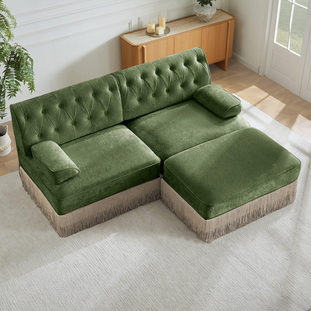 Modular Velvet Sofa in Green with Tassel Skirt.