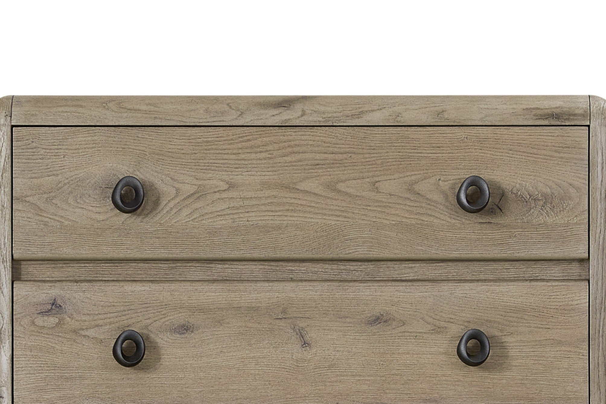 Close-up of English Knotty Oak Chest top drawers showing wood grain texture and smooth finish with felt-lined interior for delicate items.