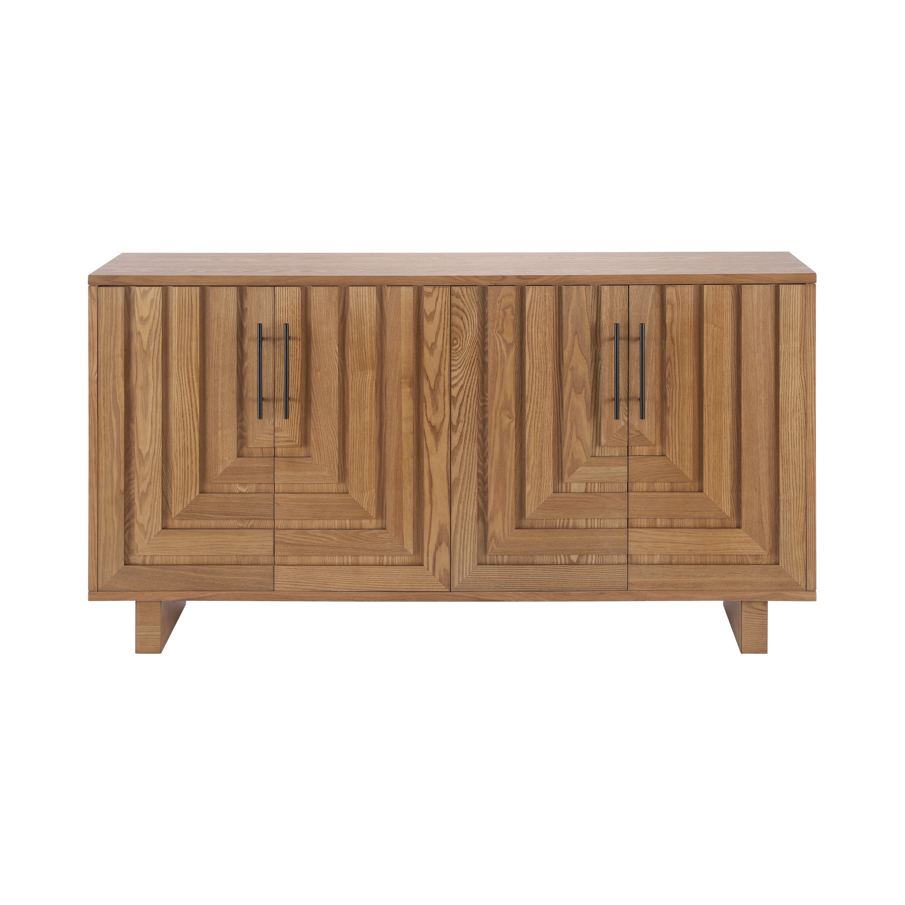 Front view of 59'' modern sideboard storage cabinet with geometric wood panel design and dual black handles in a natural finish.