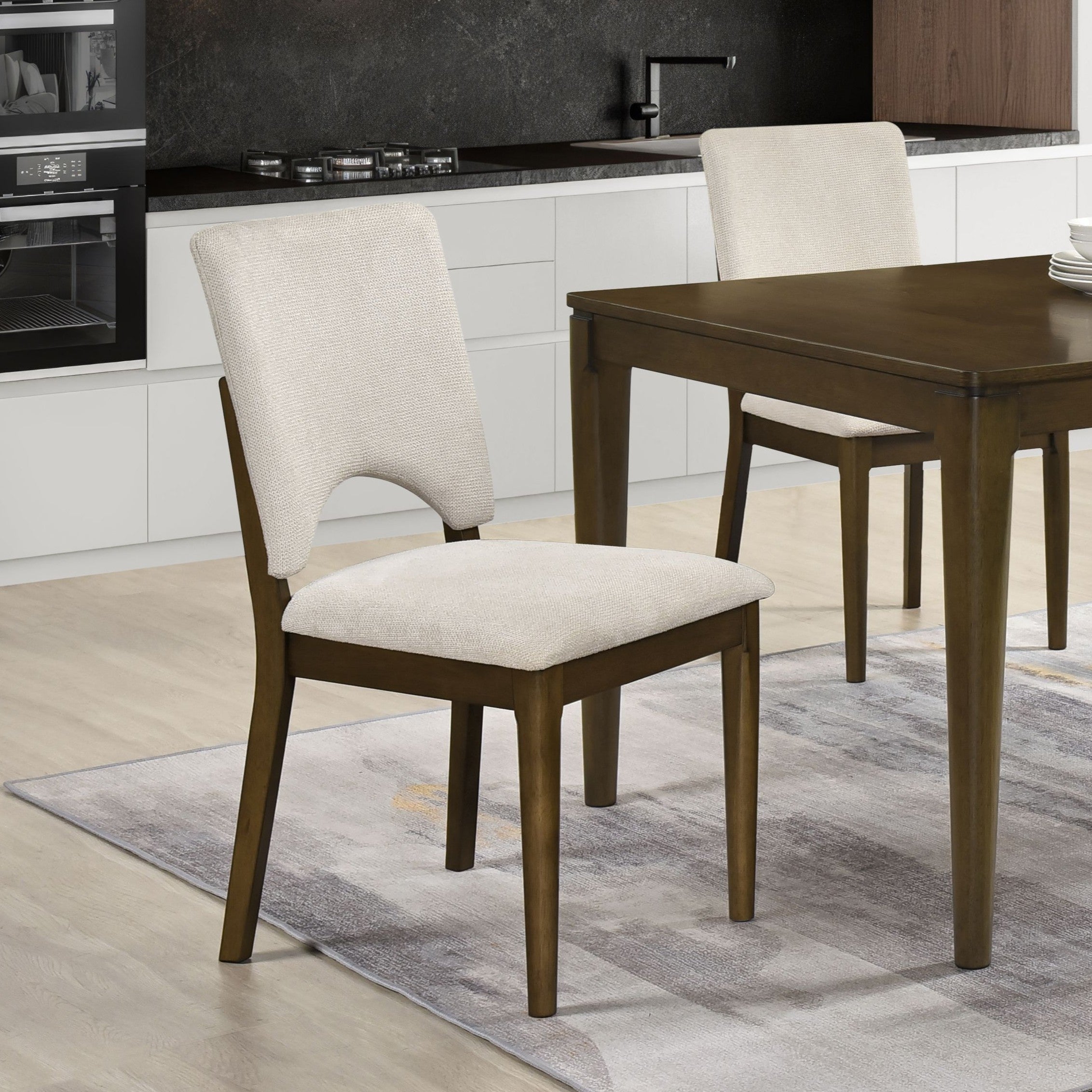 Light Beige Upholstered Dining Chairs with Wood Base, 2pc Set