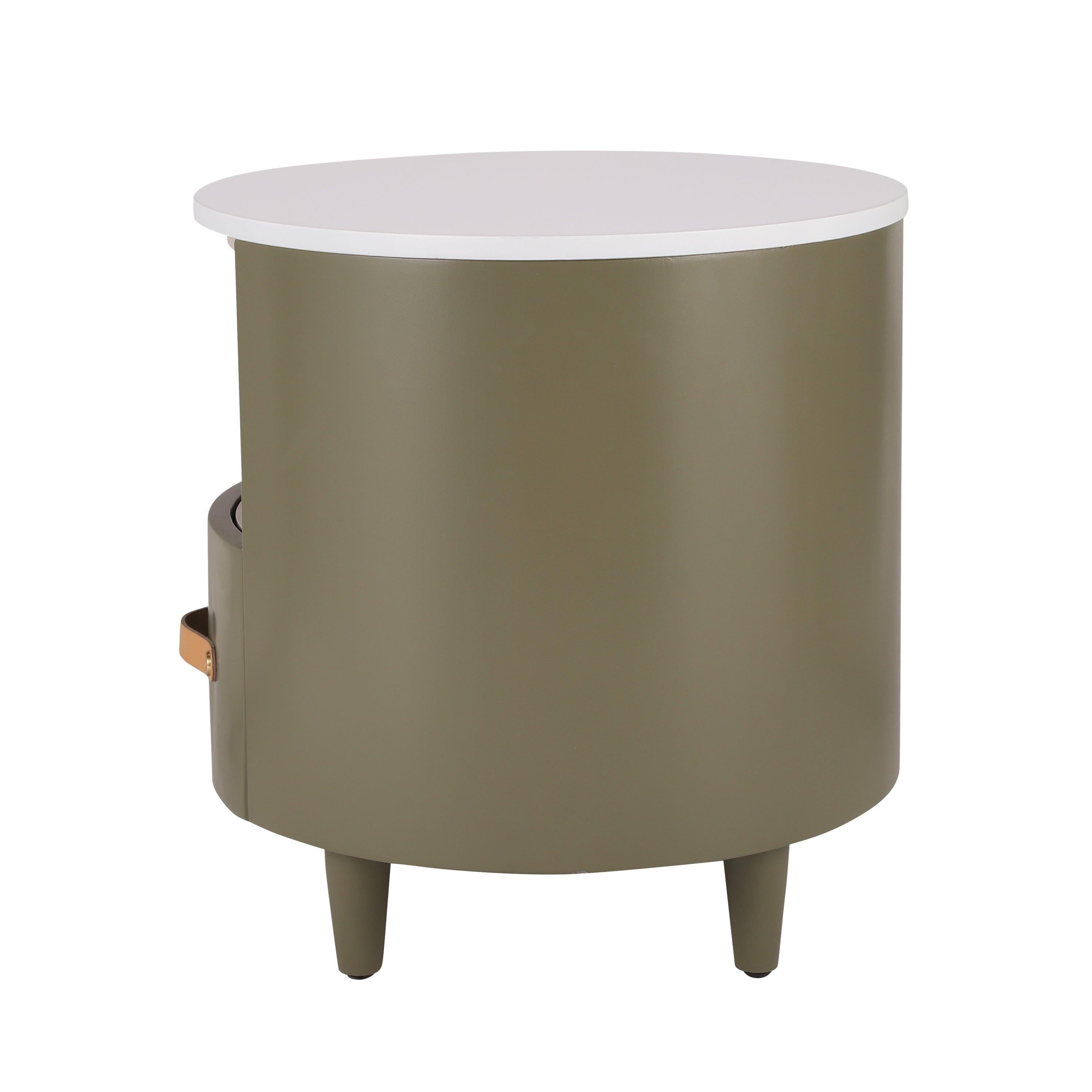 Modern Round Nightstand with Storage Drawer & Shelf.