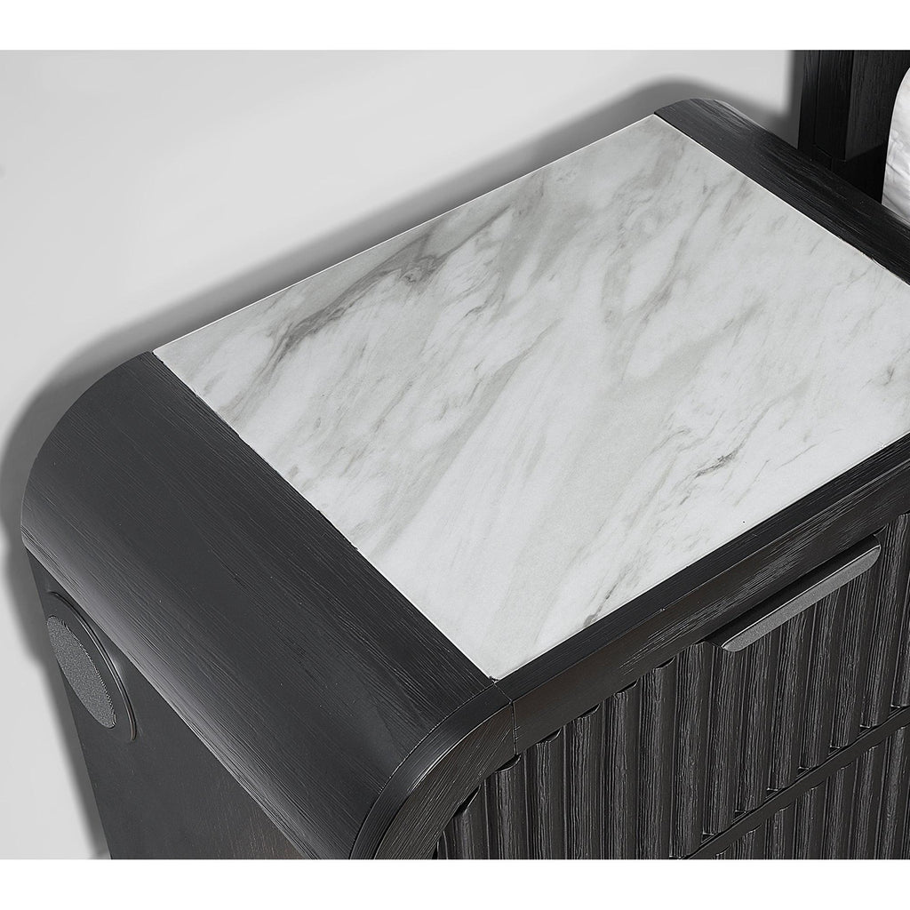 Beverly White and Black Fluted Dresser with LED Light, Spacious Drawers, Edge Pulls, Rubber Wood, 63.25in L x 18in W x 38in H.