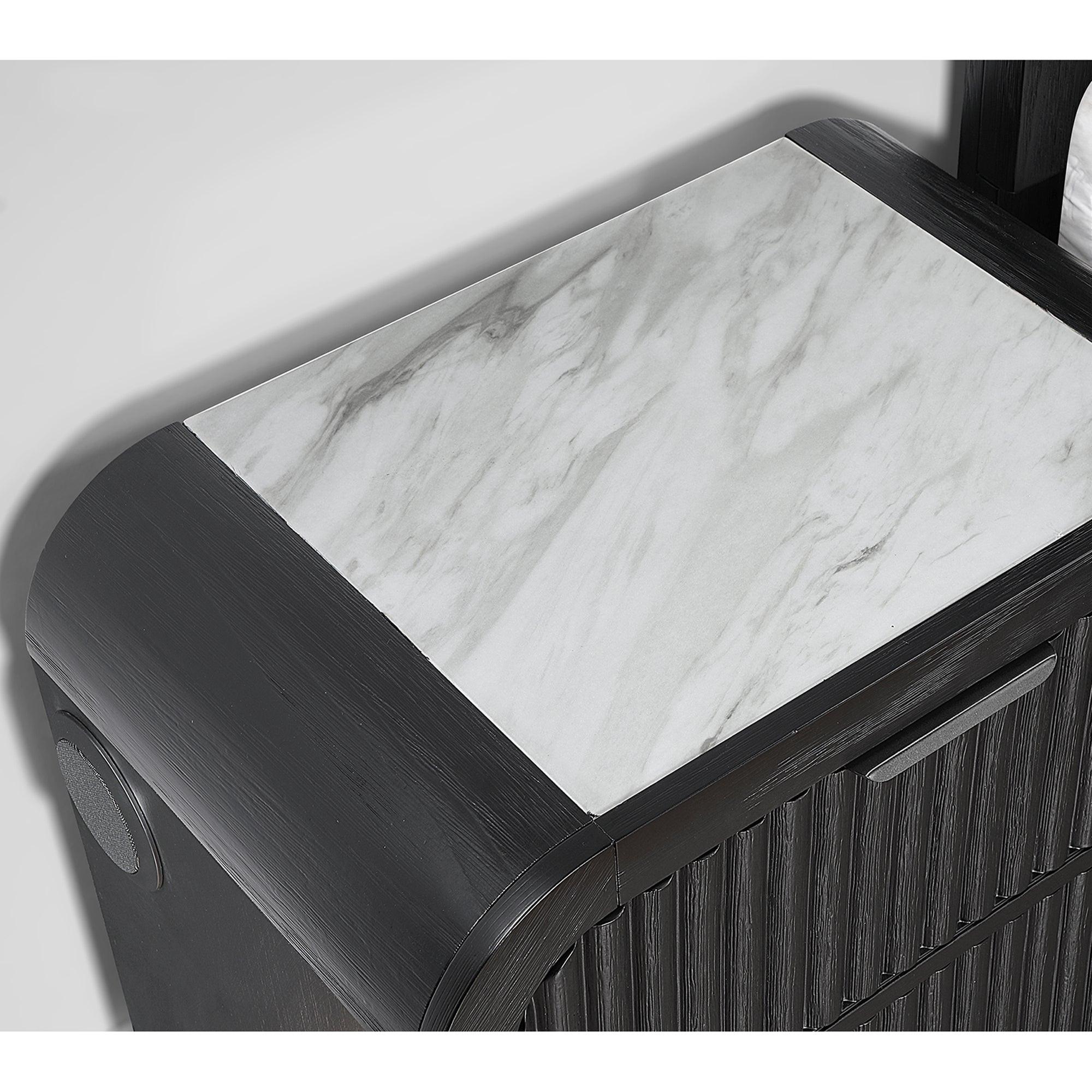 Beverly White and Black Fluted Dresser with LED Light, Spacious Drawers, Edge Pulls, Rubber Wood, 63.25in L x 18in W x 38in H.