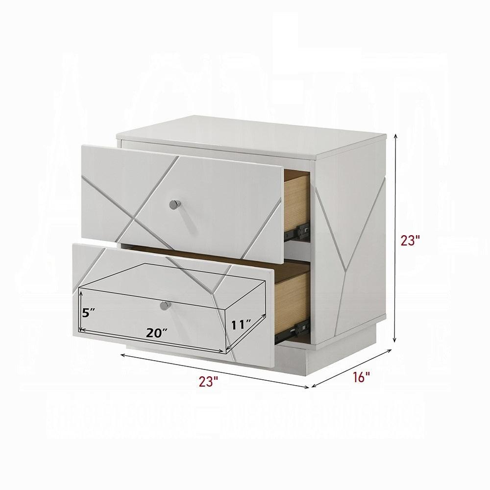Modern White Nightstand with 2 Drawers and Embossed Design.