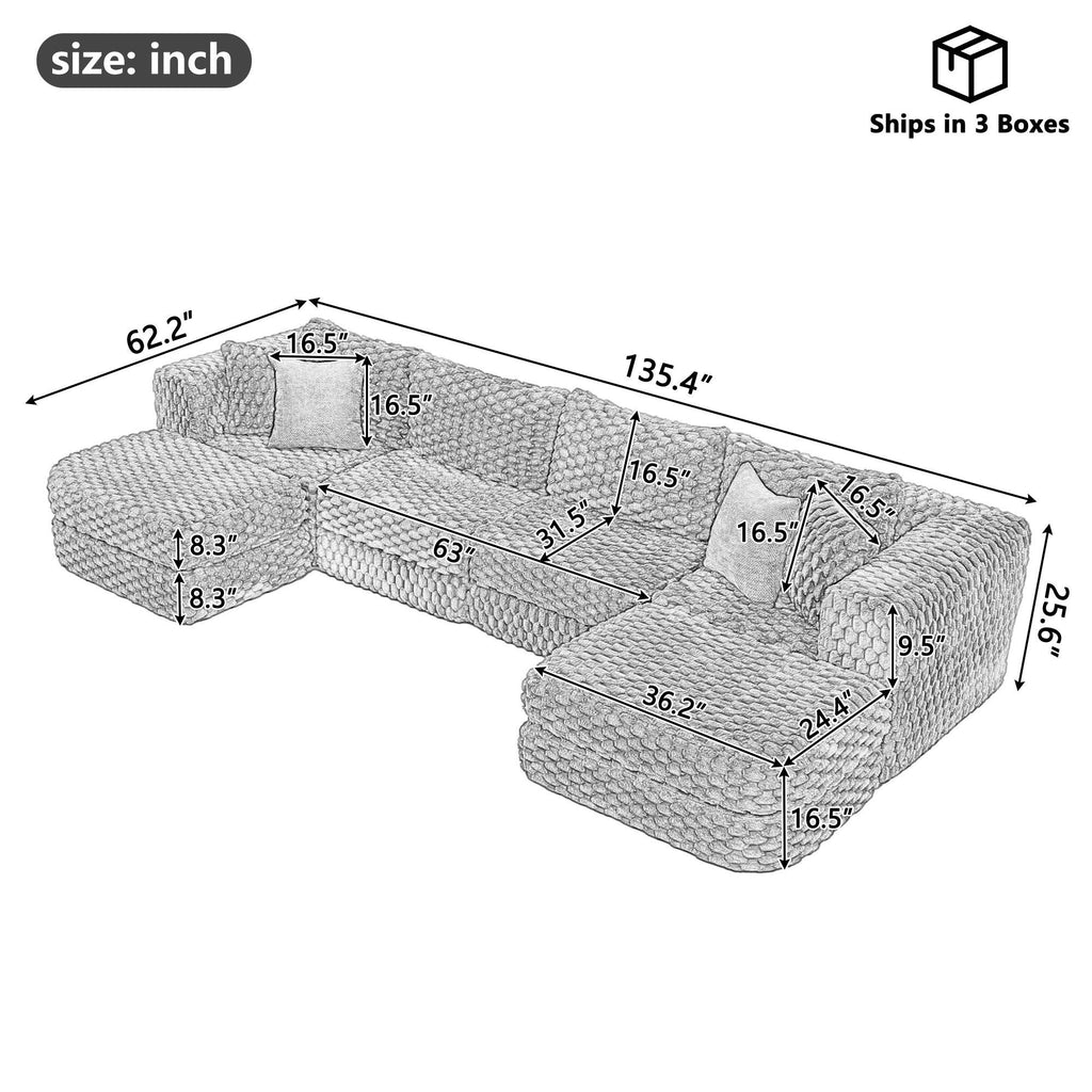 Modular Sectional Sofa Grey Bubble Velvet with Movable Ottomans.
