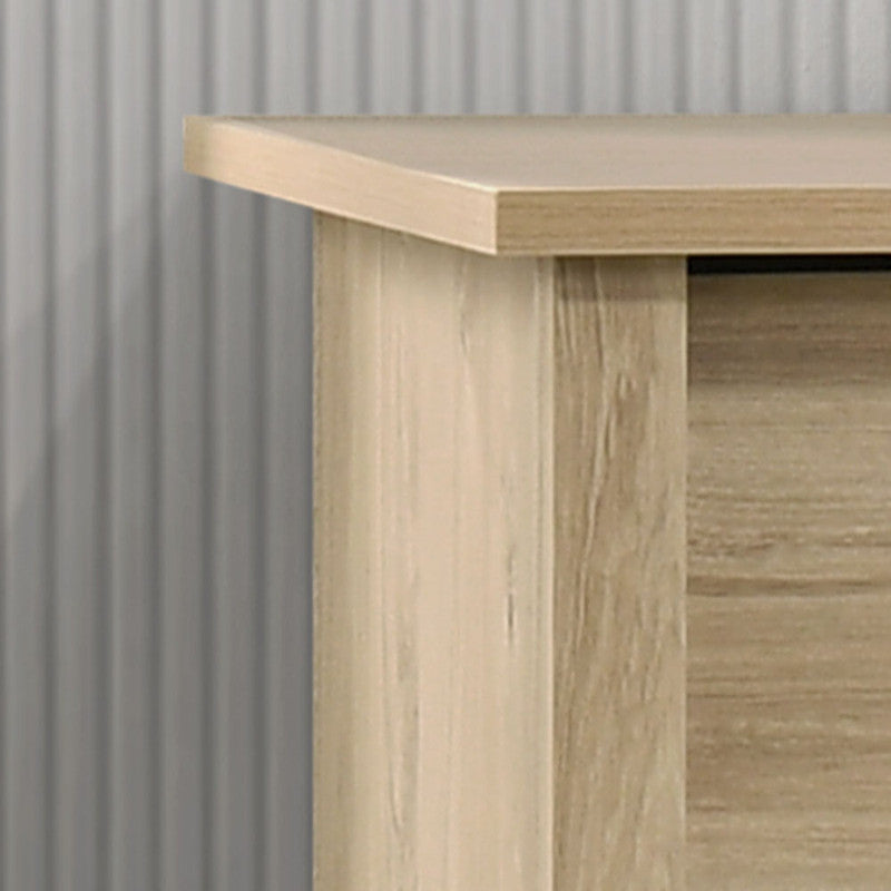Top corner detail of the Light Oak 6-Drawer Dresser - Celeste, emphasizing the smooth finish and clean lines of the dresser's design.