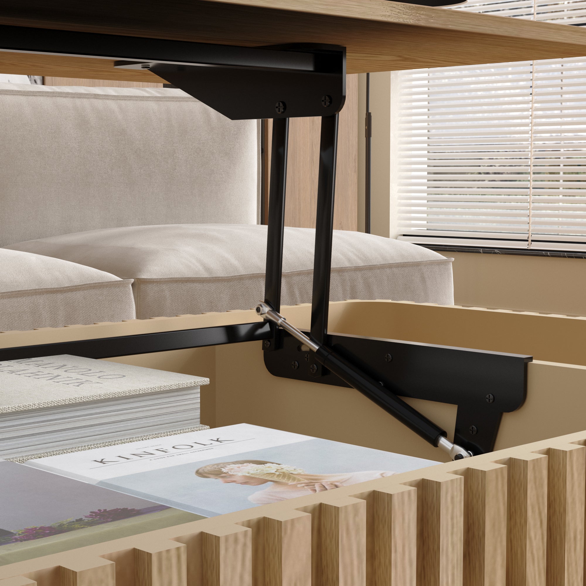 Close-up of lift mechanism inside solid wood coffee table, highlighting durable hardware and hidden storage space.