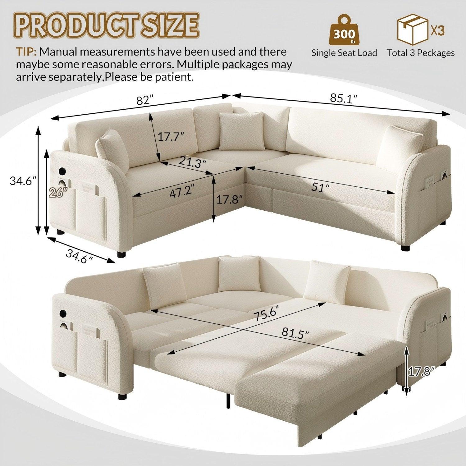 85.1' L-Shaped Sofa with Pull-Out Bed and USB Port.