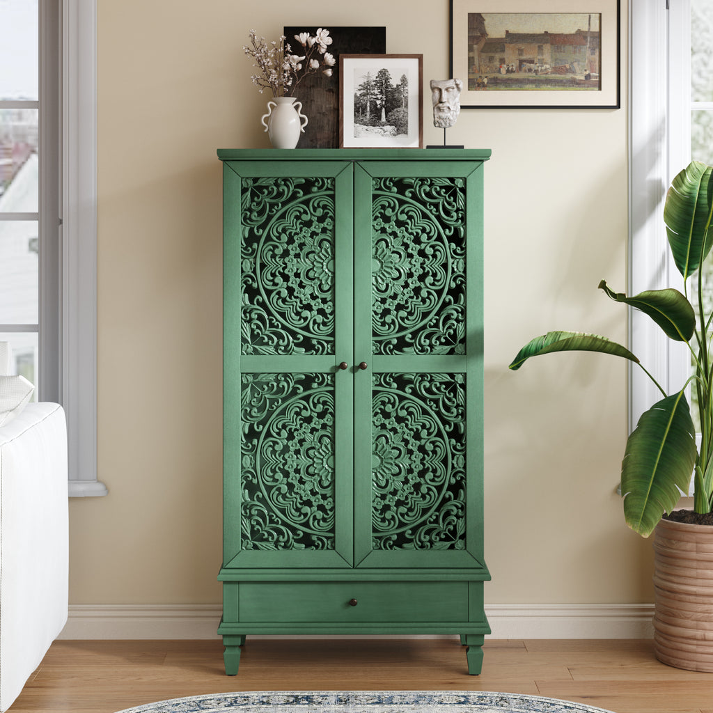 Antique Green Storage Cabinet - 55'' Tall w/ Drawer with closed doors, showcasing intricate floral carvings and vintage design.