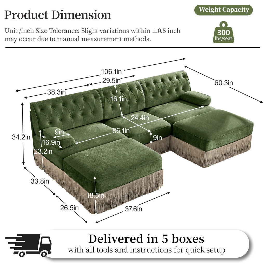 Modular Velvet Chesterfield Sofa with Tassel Skirt.