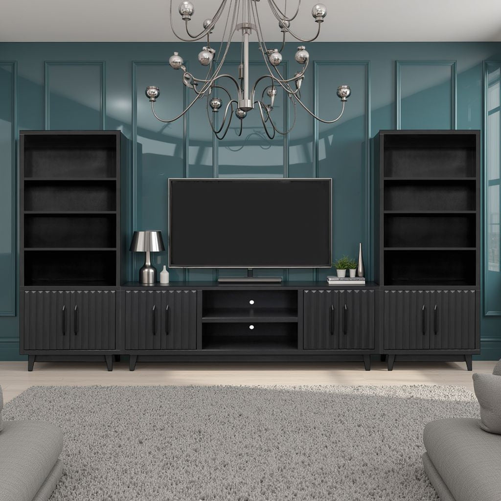 Radiance Black 78 inch Bookcase Piers flanking a TV console in a modern entertainment setup with matching fluted design.