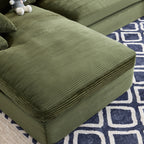 Close-up of green corduroy sofa chaise with foam-filled cushion, showcasing soft texture and modern design for cozy living rooms.