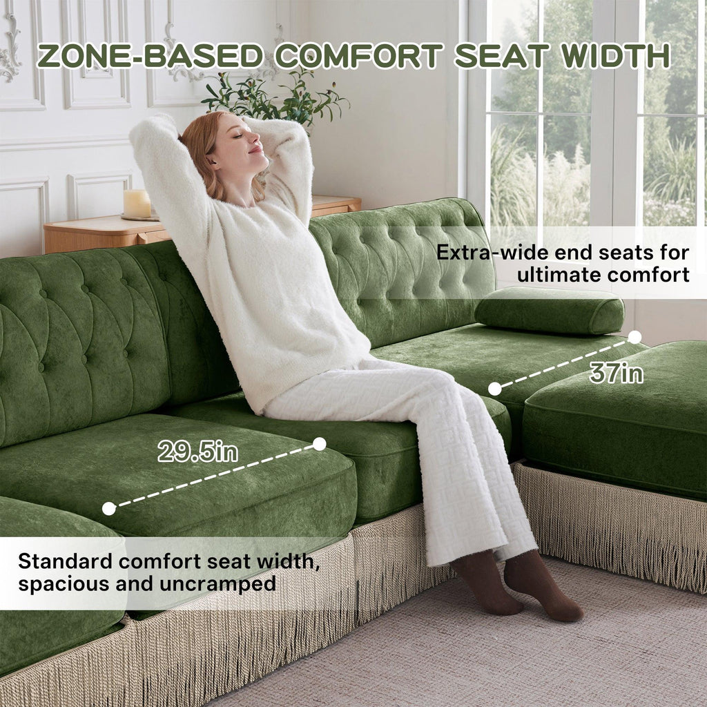 Modular Velvet Sofa in Green with Tassel Skirt.