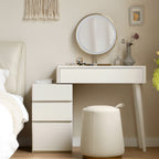 White Solid Wood Dresser Table - Liriodendron Design styled in a bedroom with matching stool, round mirror, and decorative accessories.