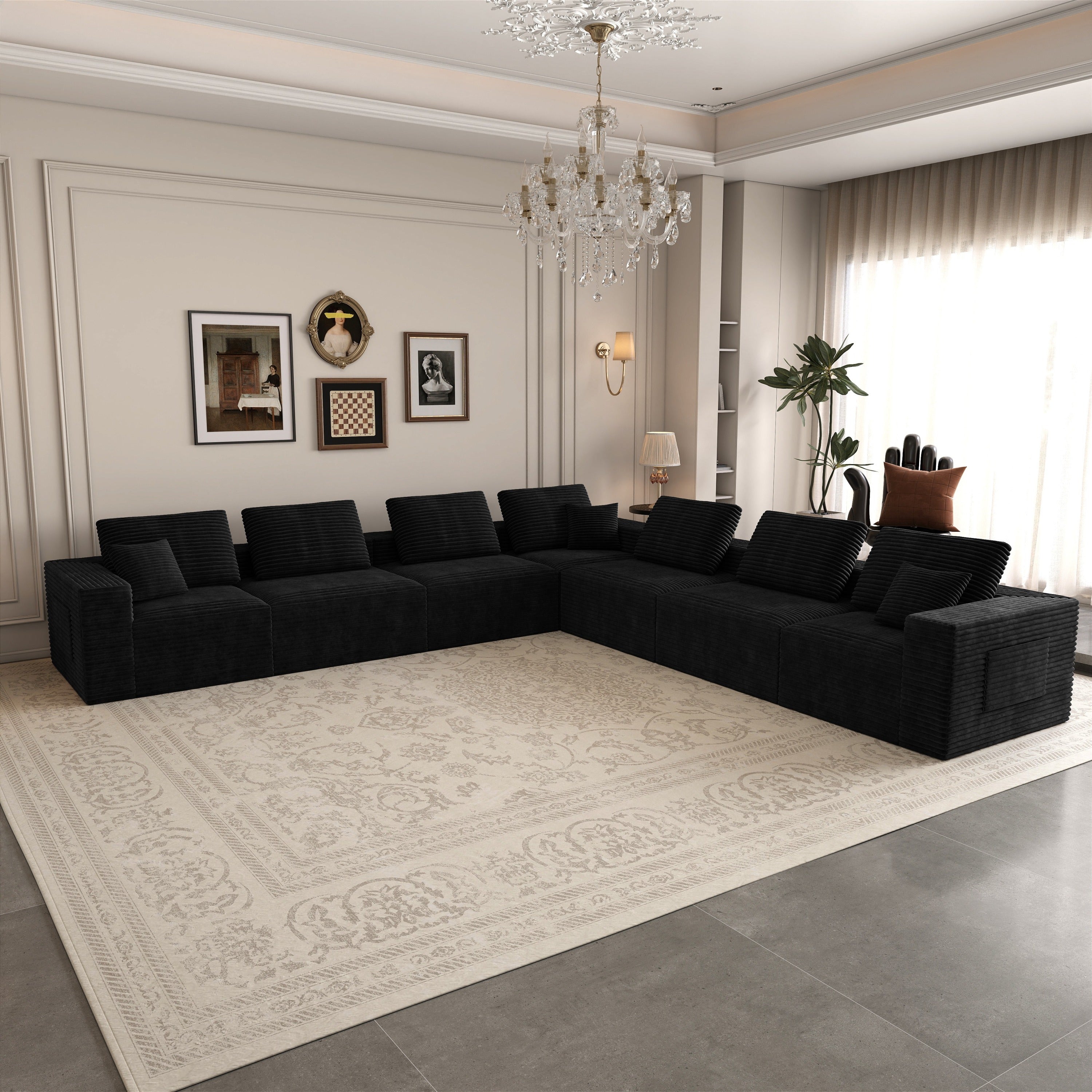 7-Piece Modular Corduroy Sectional Sofa in Black