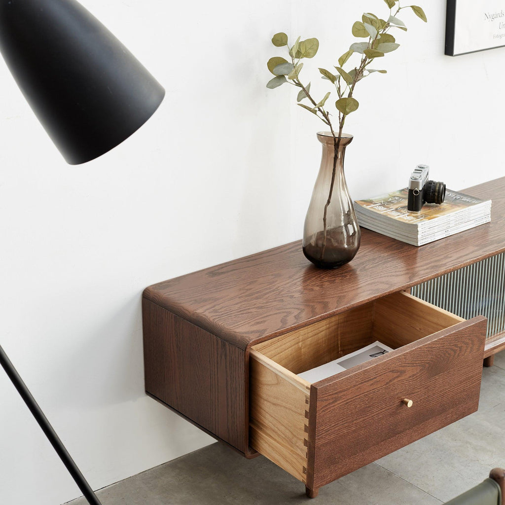 Solid Red Oak TV Cabinet with Glass Doors and Storage.