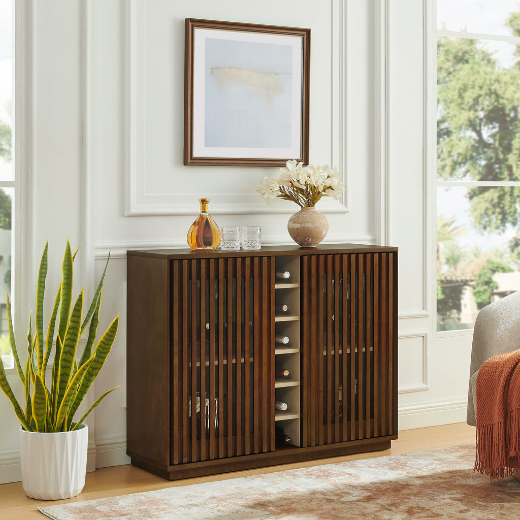 Walnut Fluted Storage Cabinet with Wine Rack and Glass Holder
