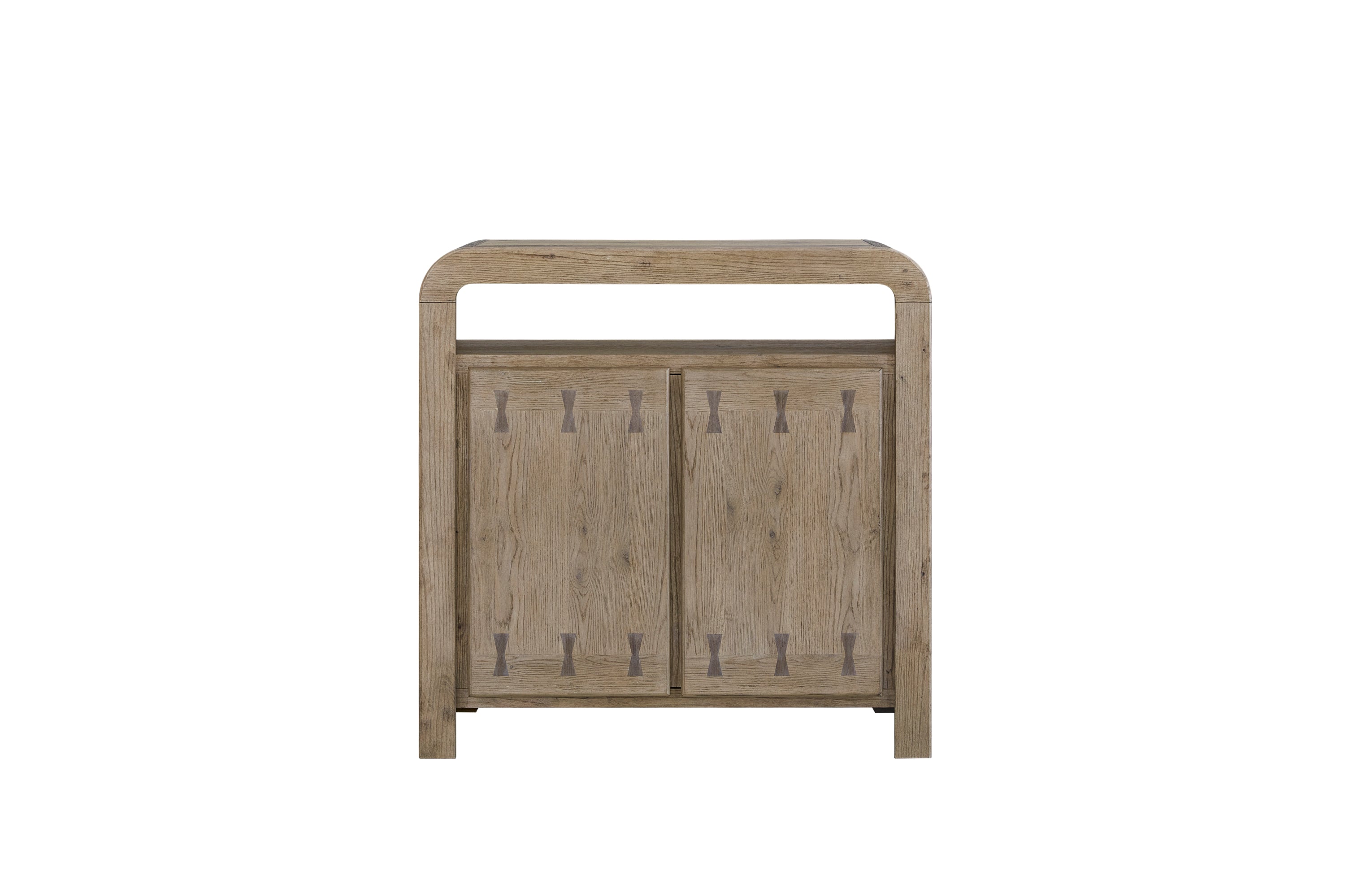 Closed Oak Veneer Bar Cabinet - Wine Storage with smooth rounded edges and decorative wood joinery, ideal for stylish dining spaces.