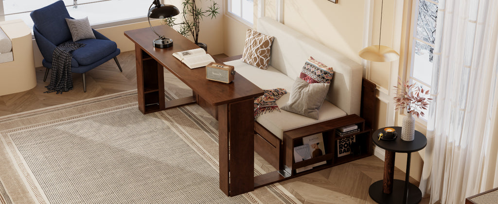 Top view of Queen Multifunctional Daybed with desk extended, showing workspace integration with sofa seating and storage.