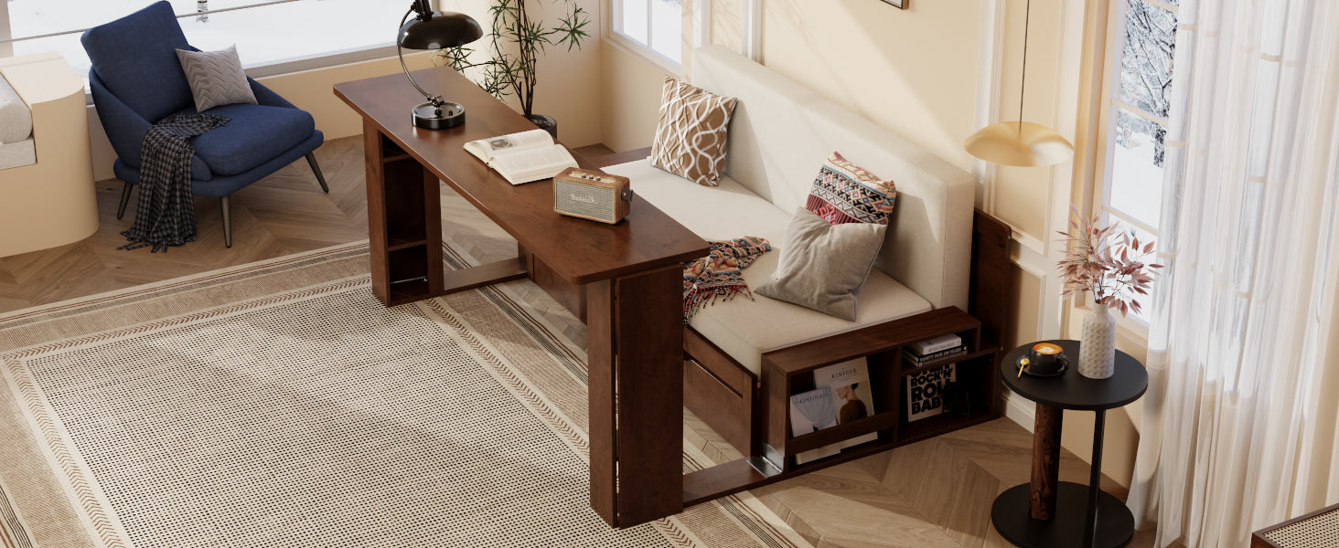 Top view of Queen Multifunctional Daybed with desk extended, showing workspace integration with sofa seating and storage.