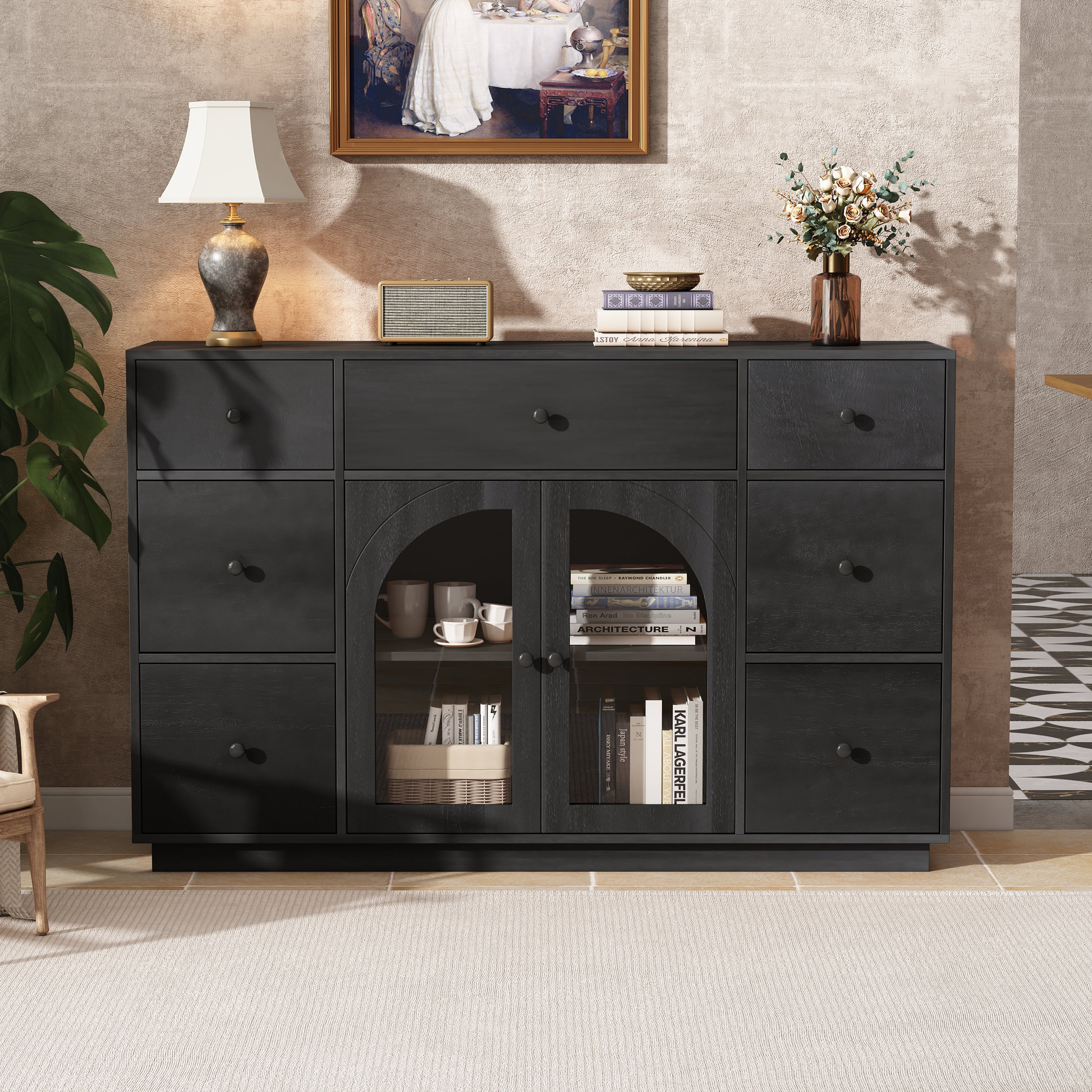 Large black wood buffet featuring two glass-paneled arched doors, seven drawers, and a sleek, contemporary design.