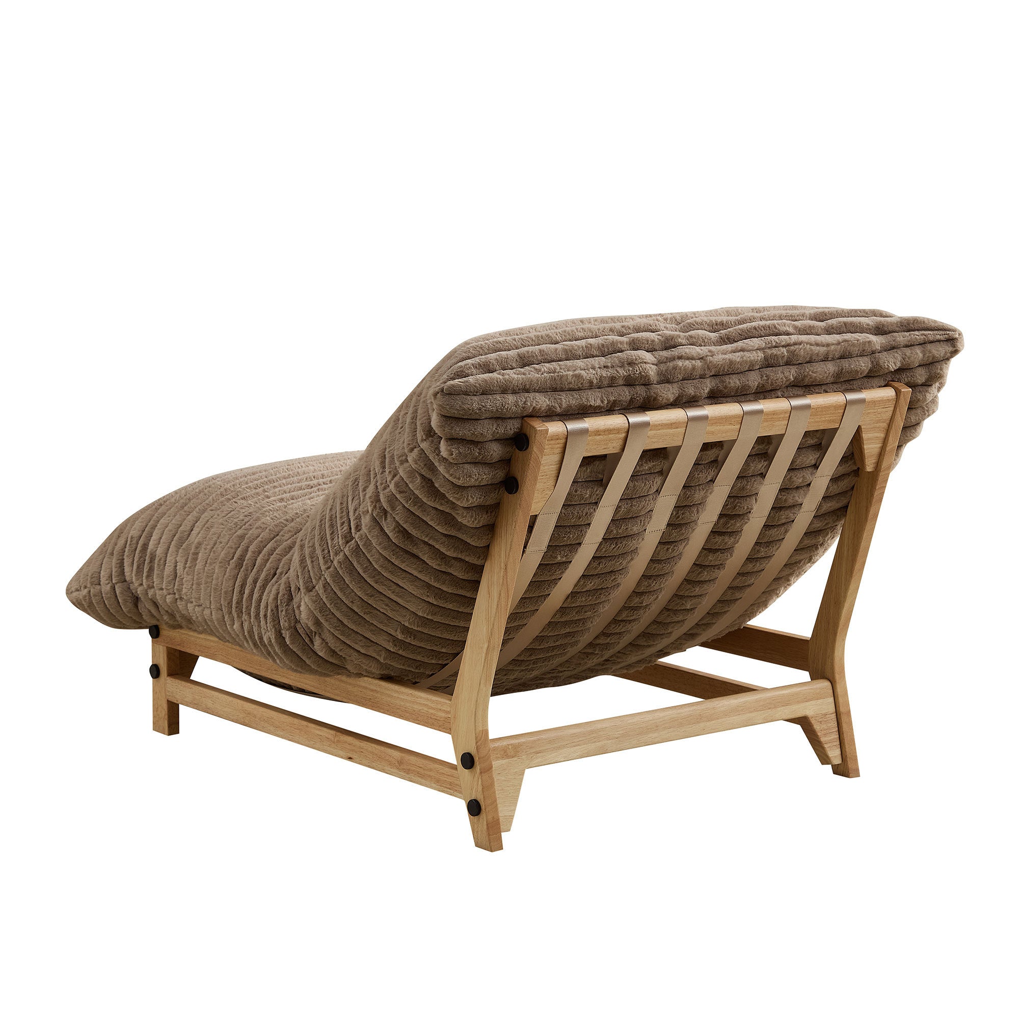 Rear view of corduroy single sofa chair with exposed wooden slats and plush backrest, perfect for modern living spaces.