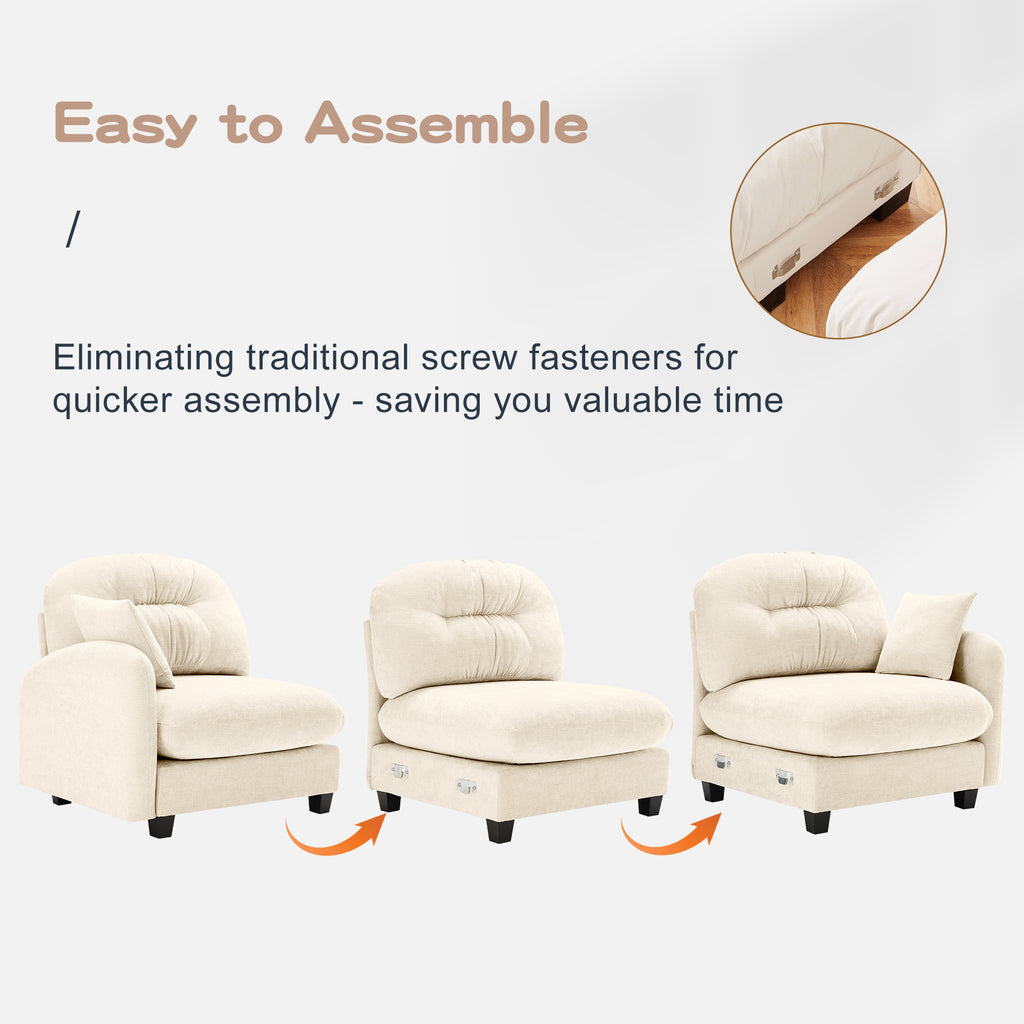 Easy-to-assemble modular L-shaped sectional sofa with chenille fabric, showing tool-free connection between sofa modules.