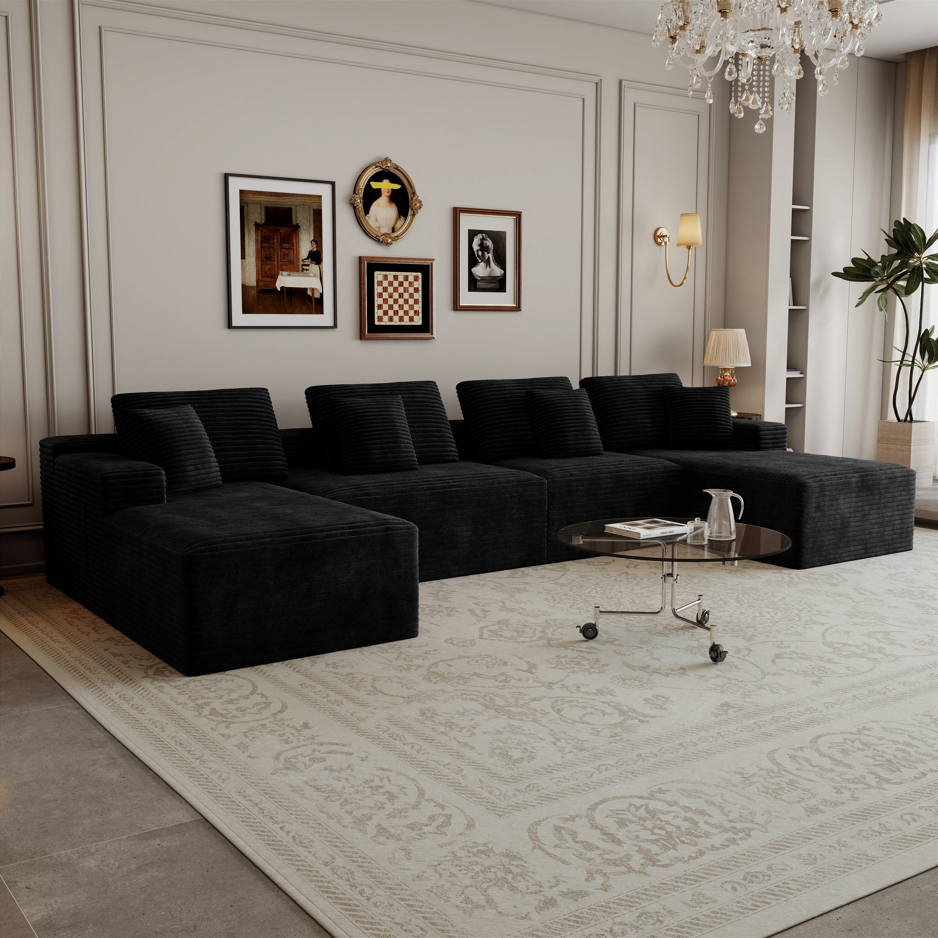 7-Piece Modular Black Corduroy Sectional Sofa, No Assembly Required