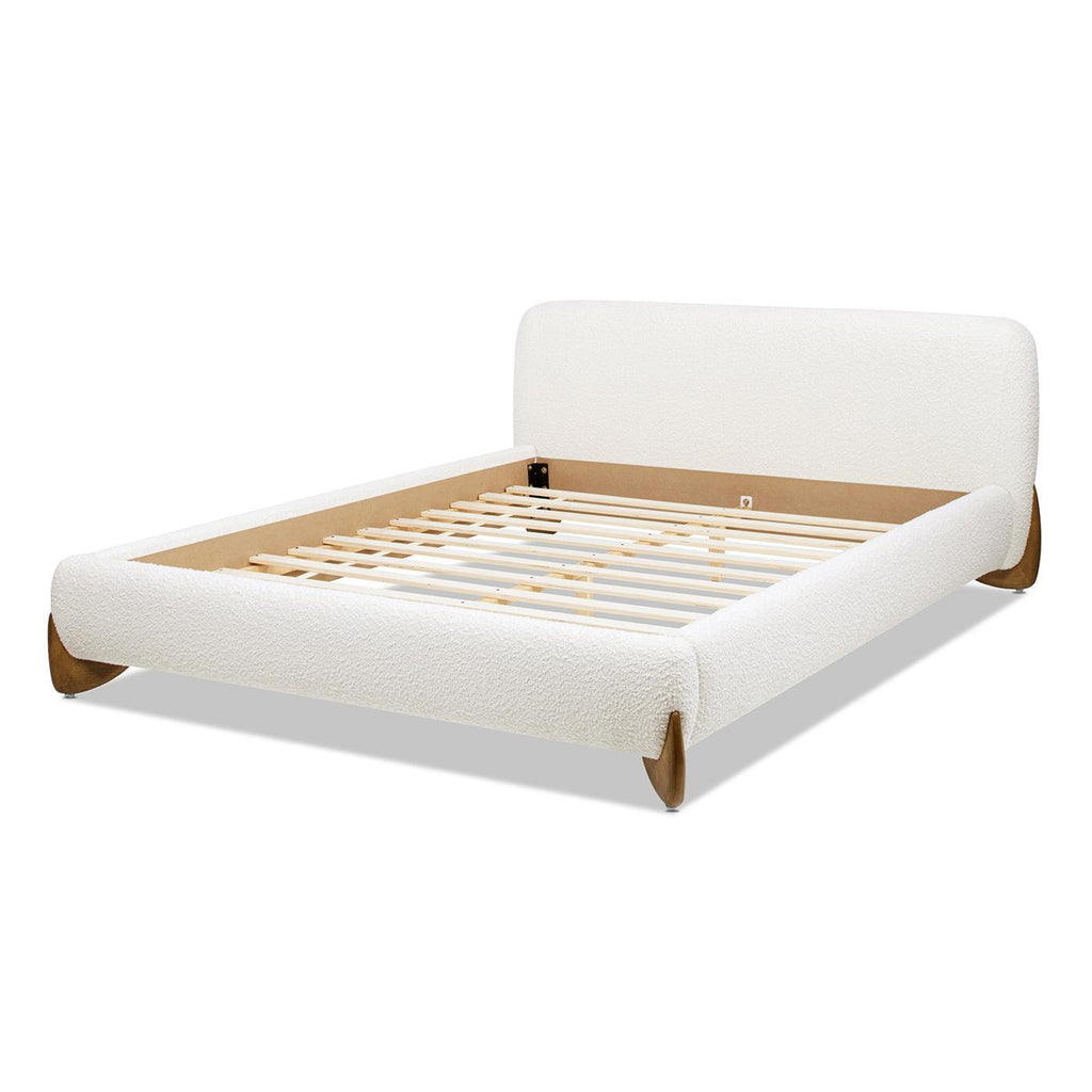 Alpine Platform Bed Queen in Ivory White Boucle.