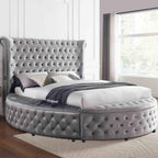 Gray Velvet Round Storage Bed with USB Ports and Features.