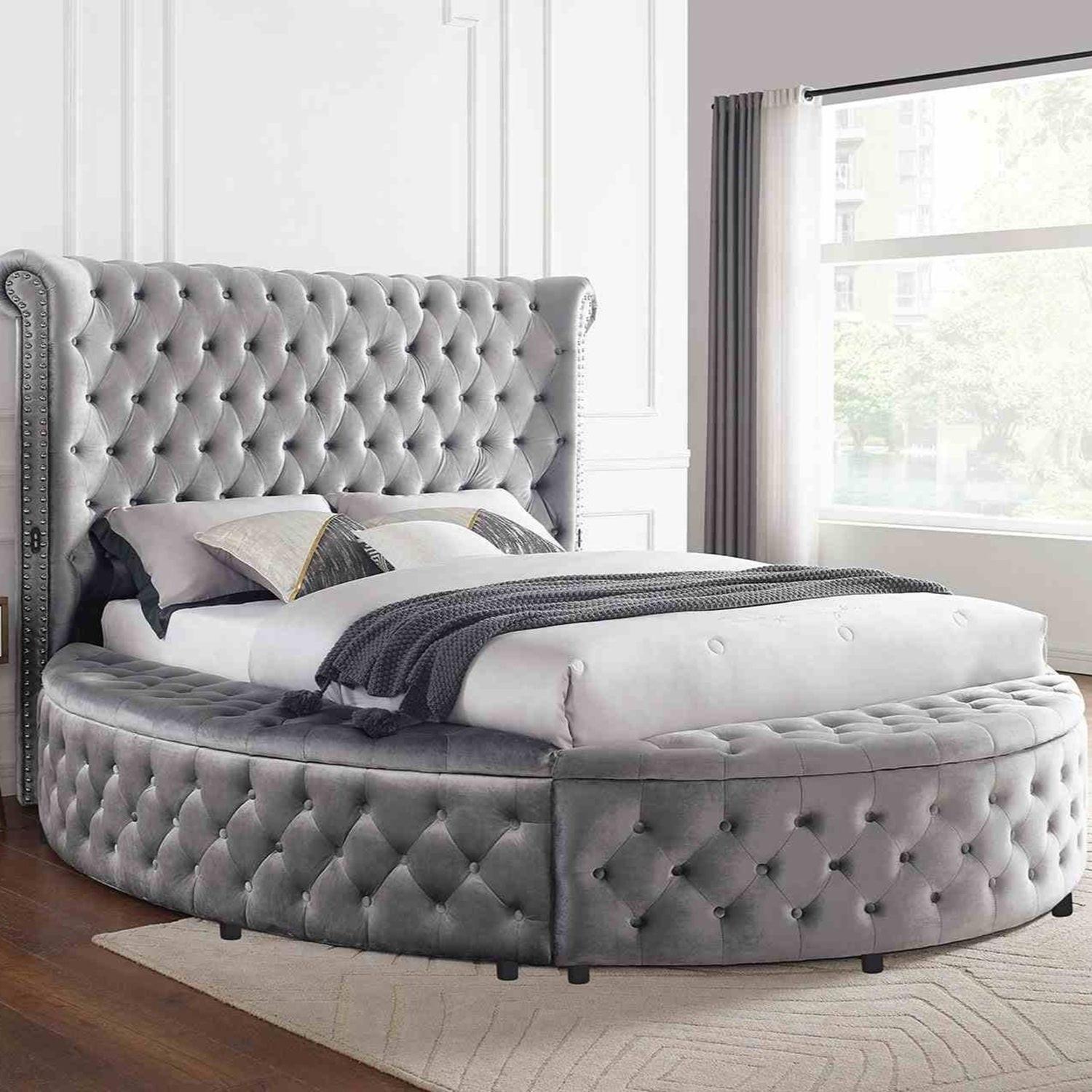 Gray Velvet Round Storage Bed with USB Ports and Features.