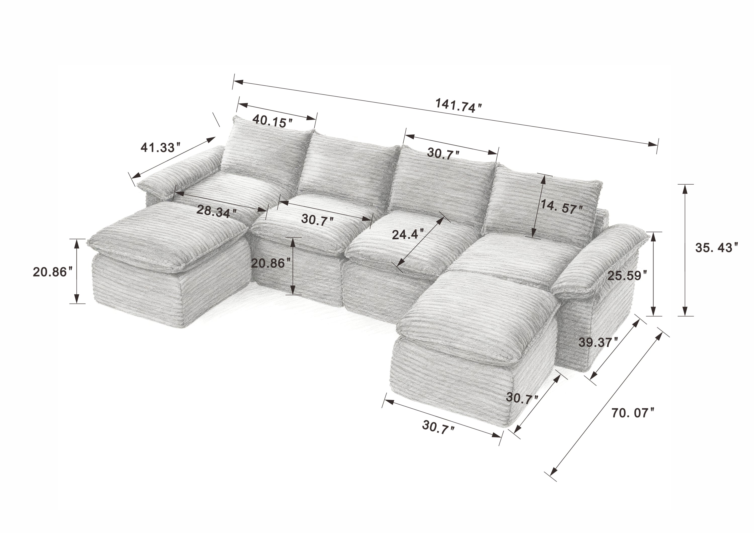 Corduroy Cloud Sofa - Modern Living Room Furniture dimensions diagram, illustrating detailed measurements for modular sectional layout.