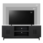 Radiance TV Stand 85 inch TVs - Black Finish shown with size comparison for 75, 80, and 85 inch TVs, highlighting compatibility.
