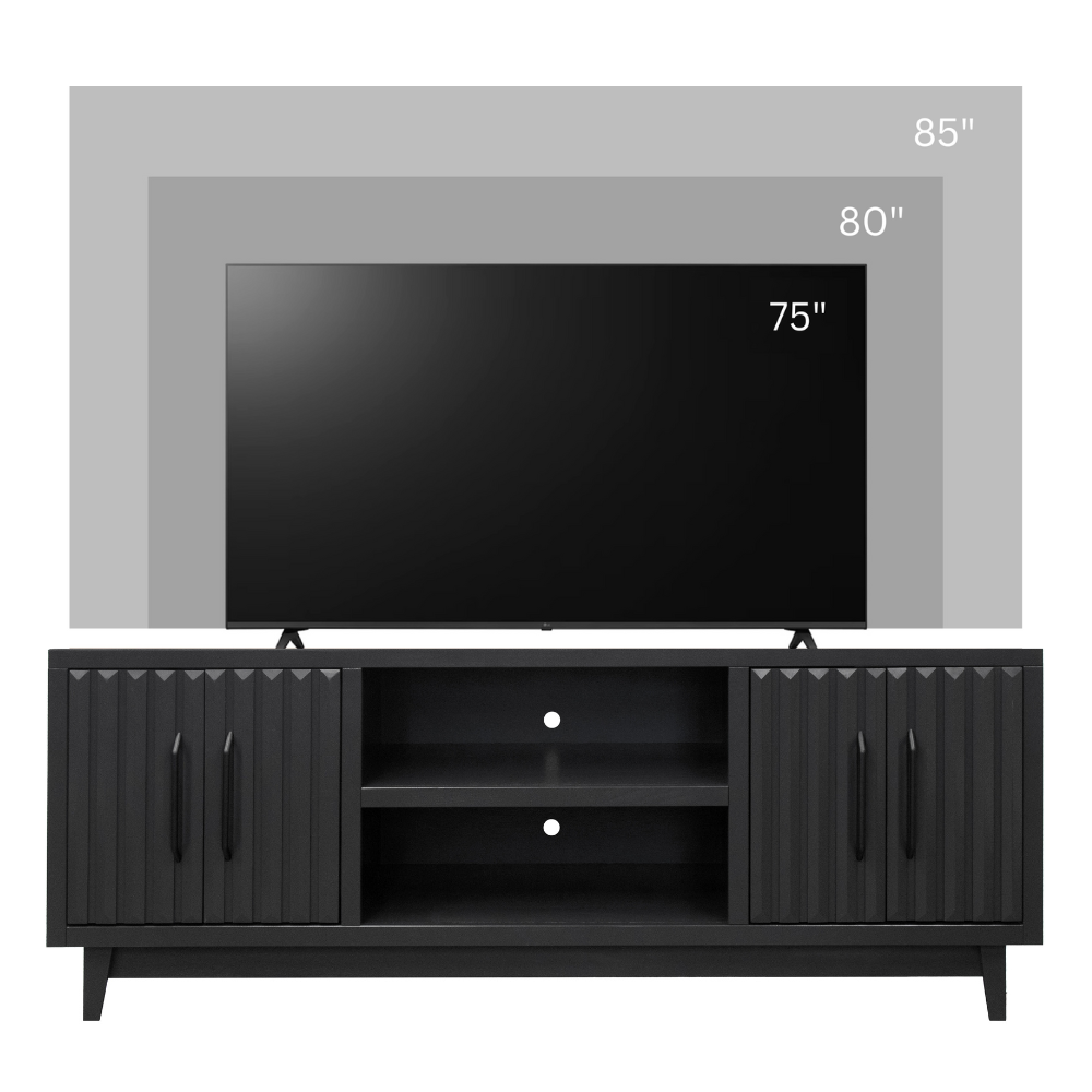 Radiance TV Stand 85 inch TVs - Black Finish shown with size comparison for 75, 80, and 85 inch TVs, highlighting compatibility.