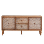 Rattan TV Stand Mid Century with Storage features woven rattan doors and drawers in a boho design, ideal for 60-inch TVs in modern living rooms.