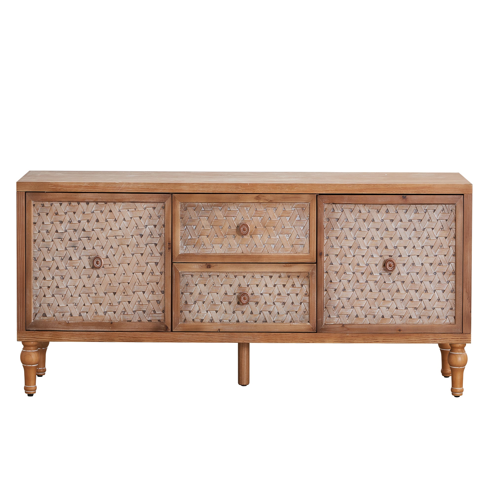 Rattan TV Stand Mid Century with Storage features woven rattan doors and drawers in a boho design, ideal for 60-inch TVs in modern living rooms.