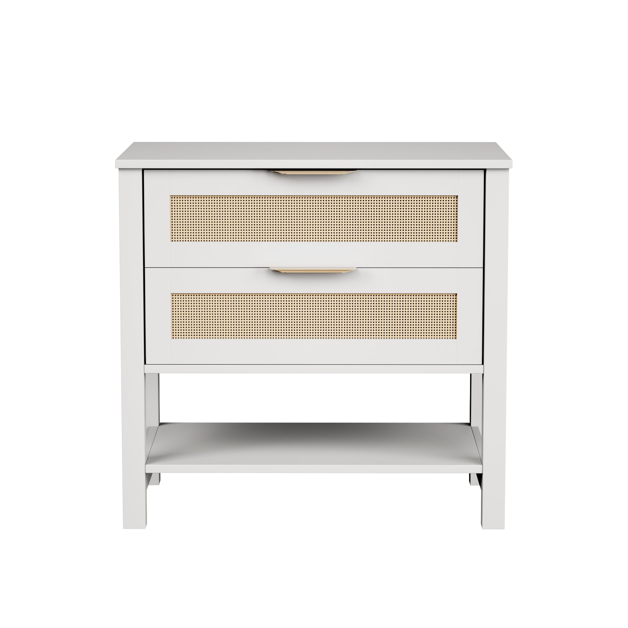 Boho white nightstand with two rattan-front drawers, gold handles, and an open storage shelf.