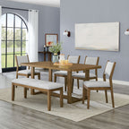 Darla Dining Set - Walnut Oak Finish shown in modern dining room with 4 chairs and bench, featuring padded seats and rectangular table.