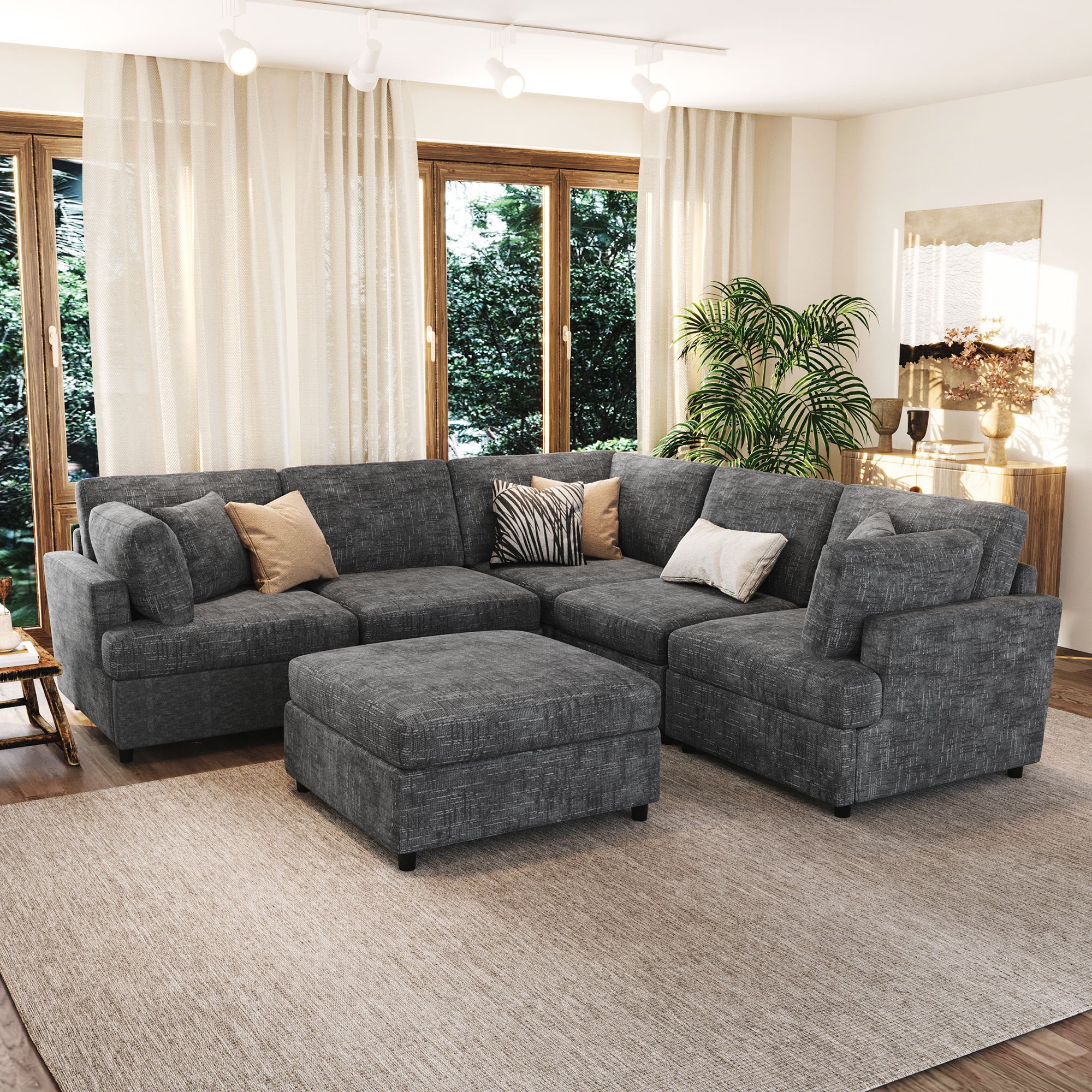 Dark gray Convertible U-Shaped Sectional Sofa with central ottoman, offering flexible seating for spacious living rooms and family gatherings.