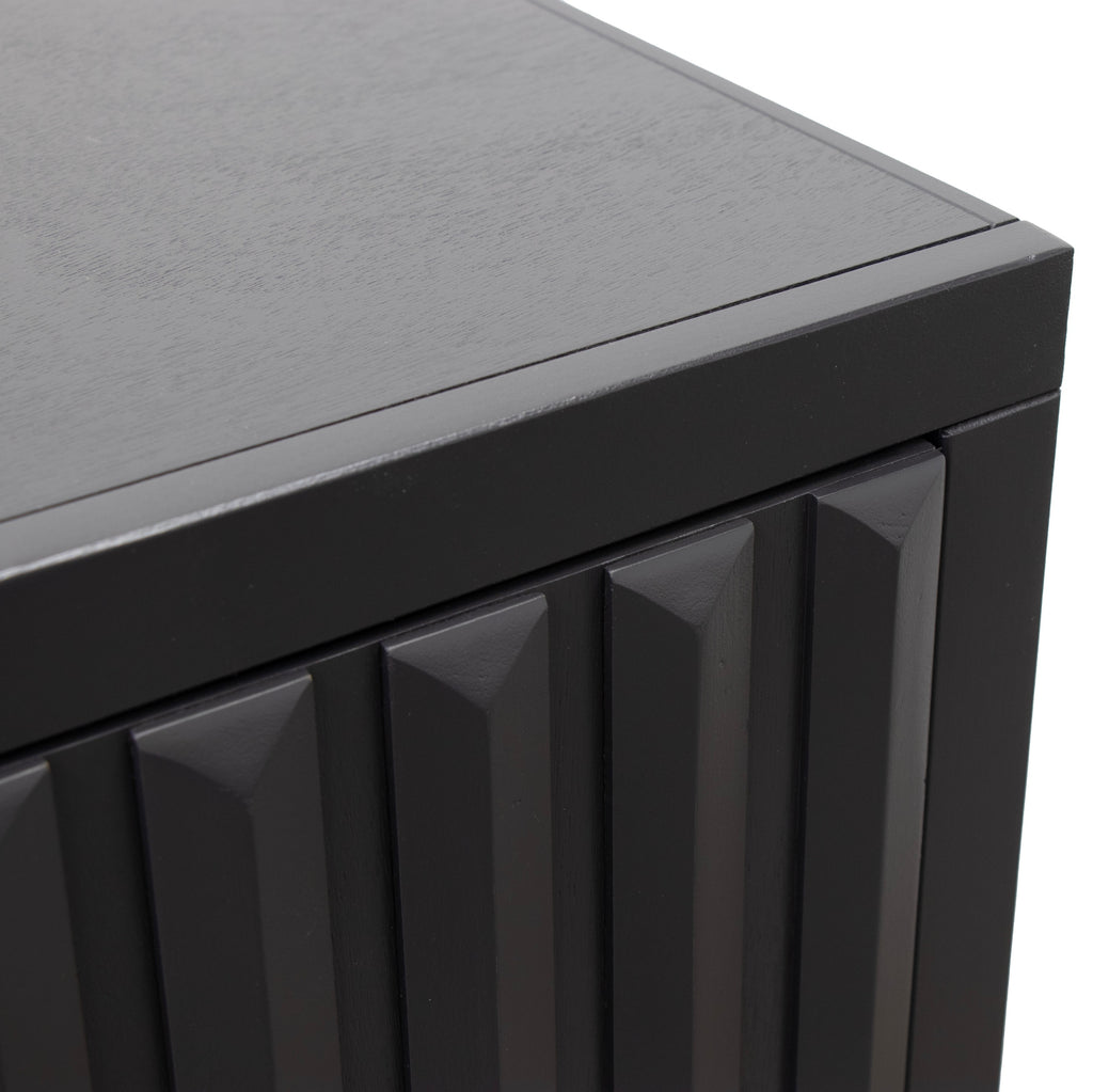 Corner detail of 64 inch black cabinet showing smooth finish and craftsmanship. Fully assembled storage solution with sleek design.