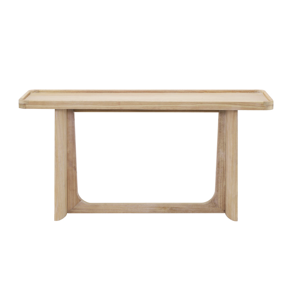 Natural solid wood console table with a tray-top design and arched, connected base frame in a minimalist style.
