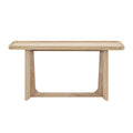 Natural solid wood console table with a tray-top design and arched, connected base frame in a minimalist style.