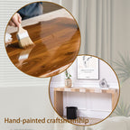 Hand-painted finish process on modern console table with chevron top, highlighting premium craftsmanship and wood care.