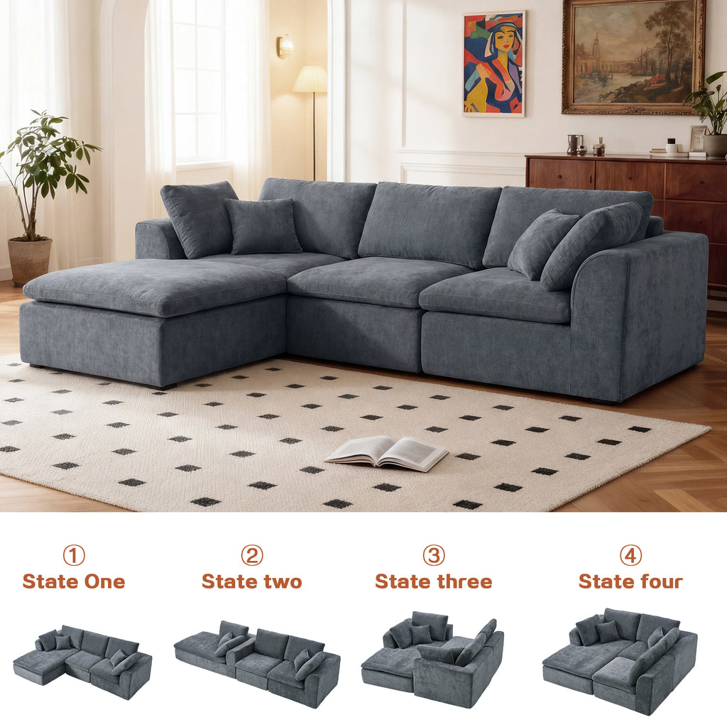 Four transformation states of modular L-shaped sectional sofa with chaise, ideal for customizable seating arrangements.